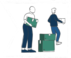 Two illustrated figures handling boxes in a work-like setting.