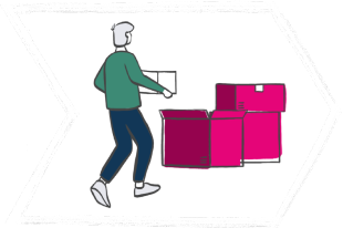 Man carrying a box towards a stack of boxes within an arrow-shaped outline.