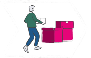 Man carrying a laptop and walking past stacked boxes.