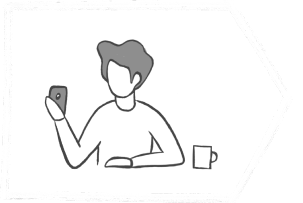 A person sitting at a table with a coffee cup, holding a smartphone.