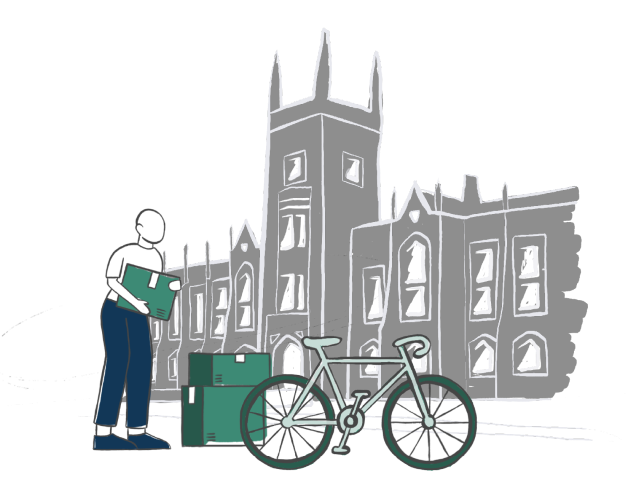 A person standing next to a bike is gazing at a simplified drawing of a gothic-style building.