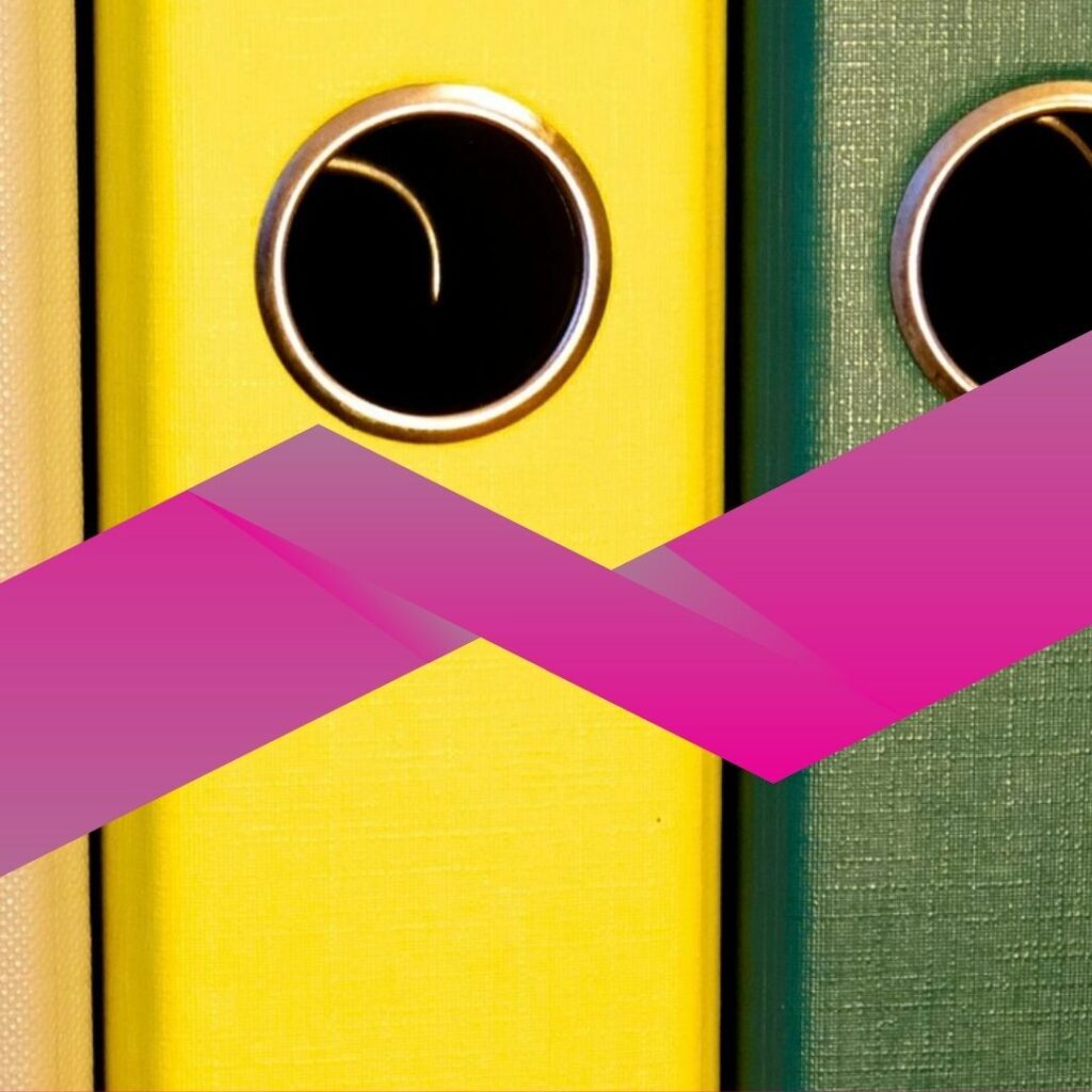 Abstract composition of binder spines with a pink geometric overlay.