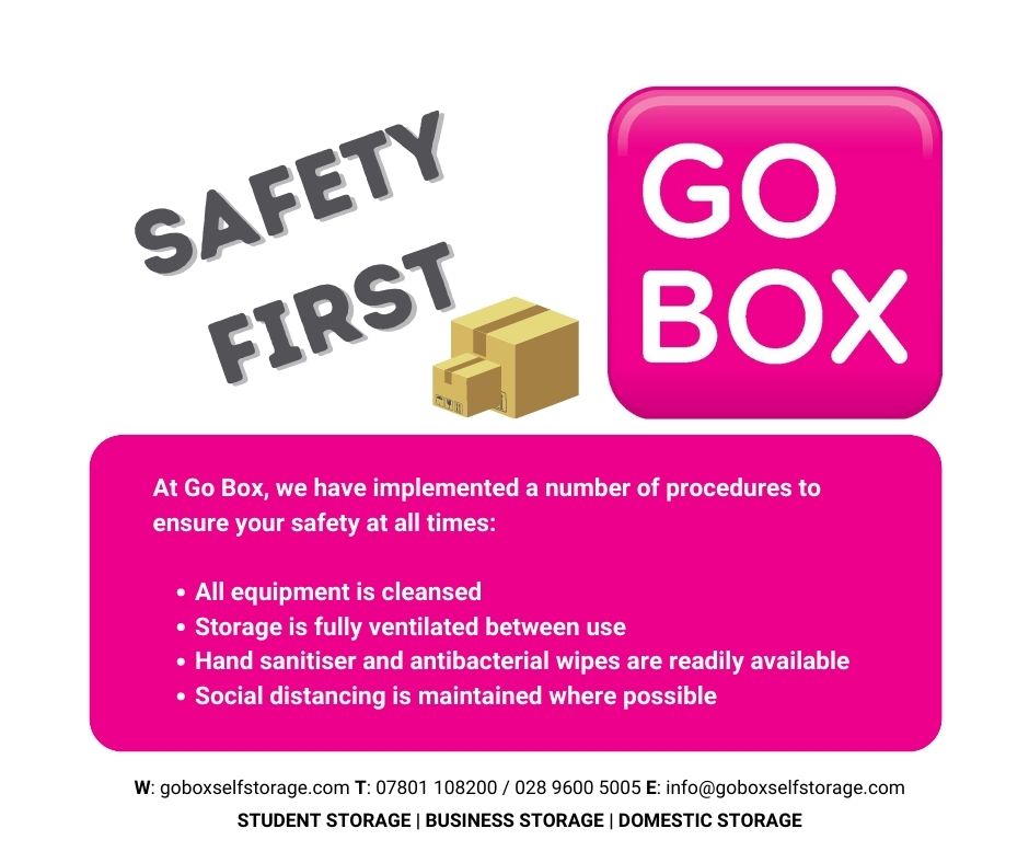 A promotional image for go box self-storage highlighting their safety-first approach with enhanced cleaning and sanitization procedures.