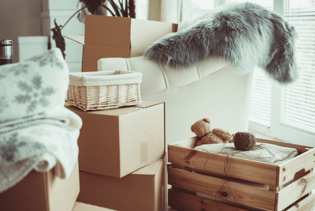Moving items such as cardboard boxes, rugs and folded blankets